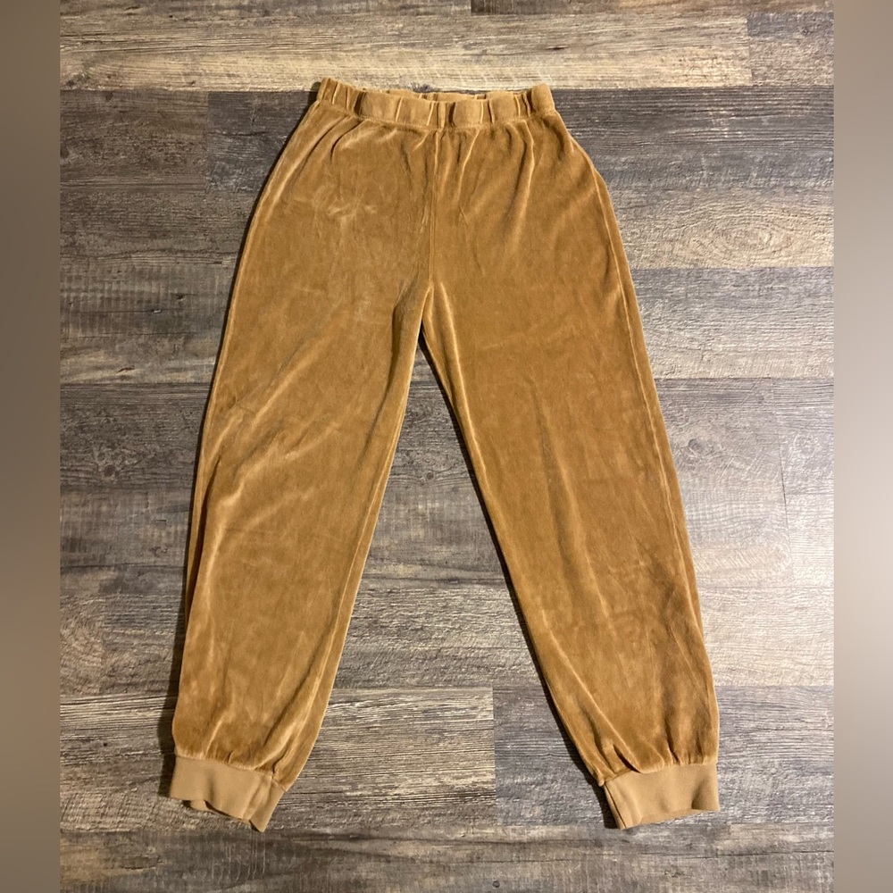 Suzie Kondi Velour Slim Track Pants Buckthorn Tan Lux Loungewear Size XS / S